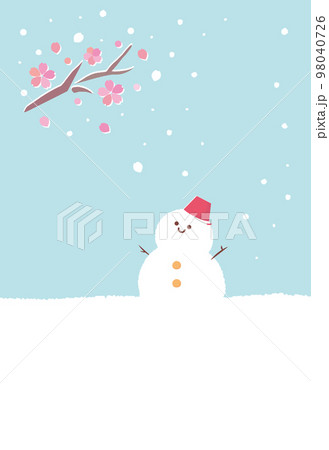 早咲きの桜と雪だるまの寒中見舞いはがきデザイン(文字なし) 98040726