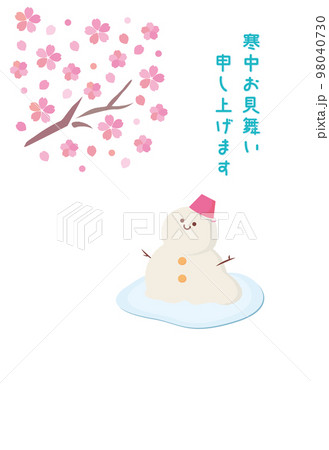 満開の桜と解ける雪だるまの寒中見舞いはがきテンプレート(添書きなし) 白背景 98040730