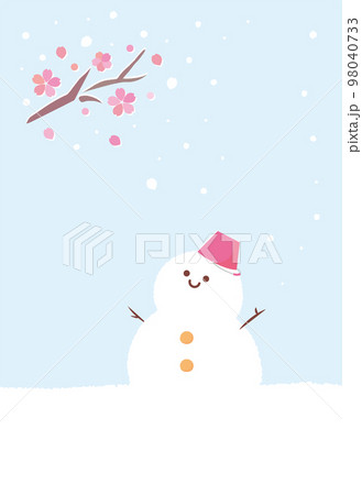 早咲きの桜と雪だるまの寒中見舞いはがきデザイン(文字なし)　パステルカラー 98040733