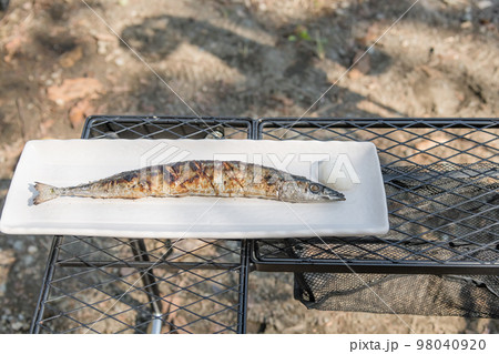 【オートキャンプ場で生サンマの塩焼きの完成】 98040920