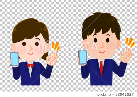 Illustration of a student boy and girl holding a mobile phone and making an OK sign Illustration of a student boy and girl holding a mobile phone and making an OK sign 98041027
