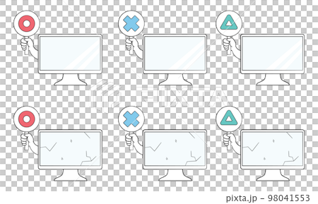 A set of desktop computers with a tag on which the mark is drawn 98041553