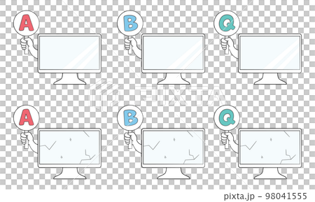 A set of desktop computers with a tag on which the alphabet is drawn 98041555