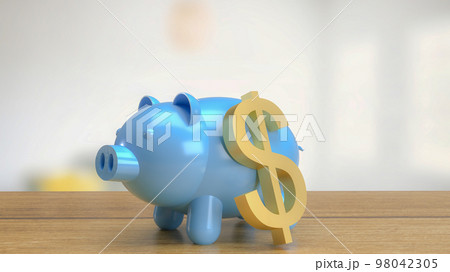 The piggy bank and gold dollar symbol on wood table in home 3d rendering The piggy bank and gold dollar symbol on wood table in home 3d rendering 98042305