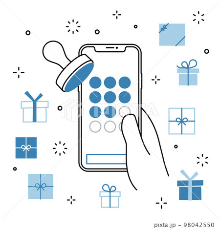 手に持ったスマートフォンのアプリ スタンプカード プレゼントのアイコンセット 98042550
