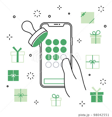 手に持ったスマートフォンのアプリ スタンプカード プレゼントのアイコンセット 98042551