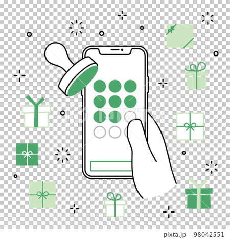 Smartphone app in hand Stamp card gift icon set 98042551