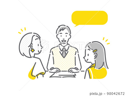 先生から説明を受ける親子　シンプルでお洒落な線画イラスト 98042672