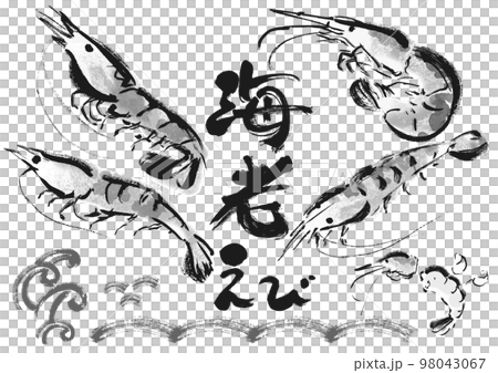 Shrimp Japanese style brush drawing illustration set black and white, monochrome, single color, 98043067