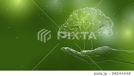 Low poly wireframe human hand holding a tree. Ecology and Earth day concept. Vector illustration 98044448