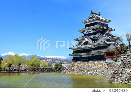 【長野県】北アルプスと桜が満開の松本城 98046480