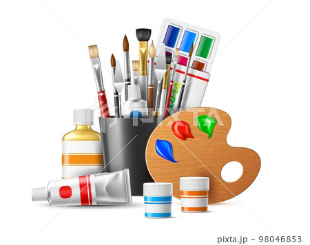 Art supplies. Painting and drawing materials, creative art tools, artistic  supplies, paints, brushes and sketchbook vector illustration icons set  Stock Vector Image & Art - Alamy