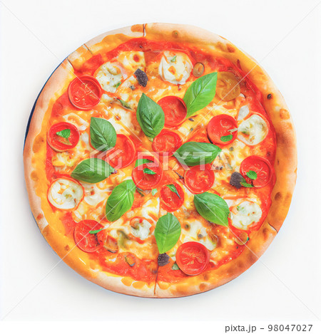 Close up shot of top view Pizza isolated on white background. Collection of recipes popular in USA. Close up shot of top view Pizza isolated on white background. Collection of recipes popular in USA. 98047027