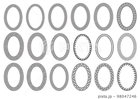 Greek key oval frame set. Circle borders with meander ornaments. Ellipse ancient designs. Vector 98047246