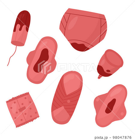 Menstrual period items set zero waste concept. Pads, panties, tampon, reusable pads set pink color. Menstrual period items set zero waste concept. Pads, panties, tampon, reusable pads set pink color. 98047876