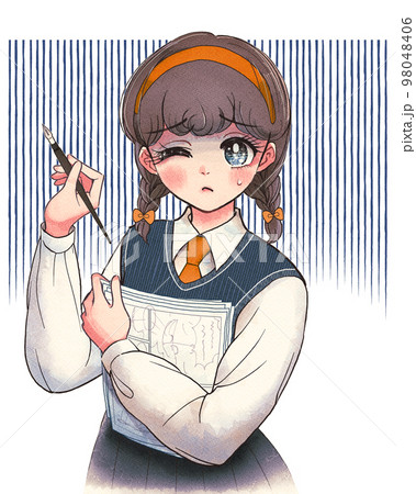 レトロマンガ風・ネームに苦戦する漫画家志望の女子学生 98048406
