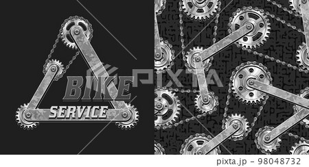 Set of pattern, logo with silver steel gears, bike chains. Steampunk style. For repair bike service companies 98048732