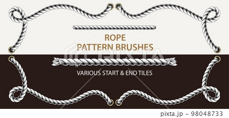 Set of 2 vector rope pattern brushes. 2 different styles of ends. Thin rope. Monochorome illustration. Vintage detailed style. Set of 2 vector rope pattern brushes. 2 different styles of ends. Thin rope. Monochorome illustration. Vintage detailed style. 98048733