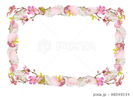 Watercolor hand drawn traditional Japanese sweets. Square frame of spring wagashi with sakura. Isolated on white background. Design for invitations, restaurant menu, greeting cards, print, textile 98049534