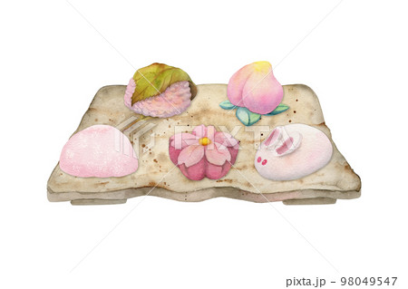 Watercolor hand drawn traditional Japanese sweets. Ceramic dish, spring neri-kiri wagashi. Isolated on white background. Design for invitations, restaurant menu, greeting cards, print, textile Watercolor hand drawn traditional Japanese sweets. Ceramic dish, spring neri-kiri wagashi. Isolated on white background. Design for invitations, restaurant menu, greeting cards, print, textile 98049547