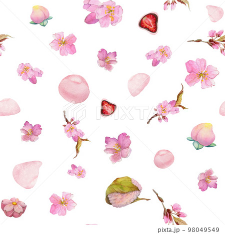 Watercolor seamless pattern with hand drawn traditional Japanese sweets. Wagashi, mochi, sakura blossom. Isolated on white background. Invitations, restaurant menu, greeting cards, print, textile Watercolor seamless pattern with hand drawn traditional Japanese sweets. Wagashi, mochi, sakura blossom. Isolated on white background. Invitations, restaurant menu, greeting cards, print, textile 98049549