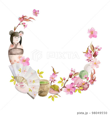 Watercolor hand drawn traditional Japanese sweets. Wreath of spring wagashi with sakura, objects. Isolated on white background. Design for invitations, restaurant menu, greeting cards, print, textile 98049550
