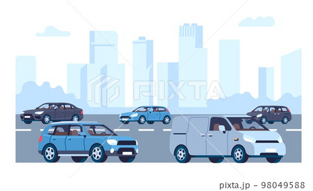 Urban landscape with cars. Automobiles drive on highway. City vehicle transportation. Downtown scenery with skyscrapers and transport. Minivans and sedans. Roadway panorama. Vector concept 98049588