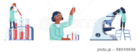 Medical blood analysis of people in test tubes. Laboratory diagnostic equipment. Microscope and tiny scientist. Biochemistry research. Plasma samples. Chemical flasks. Vector concept 98049698