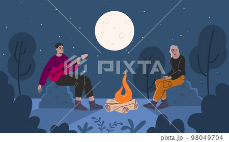 Happy friends by campfire. Hiking tourism. Guy and girl warming by fire in night forest. Man play guitar. Romantic get togethers. Cute tourists. People rest in camp. Vector concept 98049704