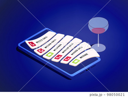 Missed notifications from calls and missed messages in instant messengers. Friday night or end of the day with a glass of alcohol and smartphone with missed messages from work or home. Missed notifications from calls and missed messages in instant messengers. Friday night or end of the day with a glass of alcohol and smartphone with missed messages from work or home. 98050021