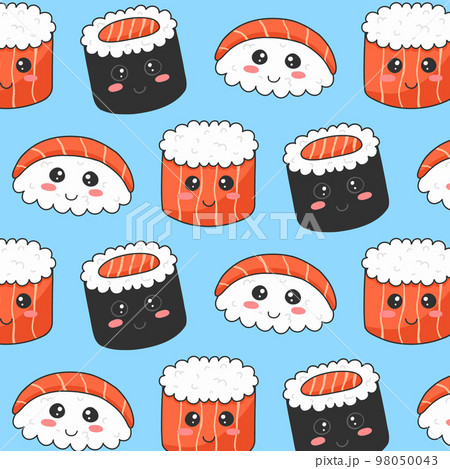 Seamless sushi pattern with fish in kawaii...のイラスト素材 [98050043] - PIXTA