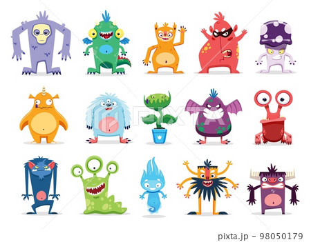 Cartoon monster characters, funny alien creatures and kids personages, vector bizarre animals. Cute cheerful monsters, devils and goblins, Yeti troll, alien flower plant, dragon or gremlin and cyclops Cartoon monster characters, funny alien creatures and kids personages, vector bizarre animals. Cute cheerful monsters, devils and goblins, Yeti troll, alien flower plant, dragon or gremlin and cyclops 98050179