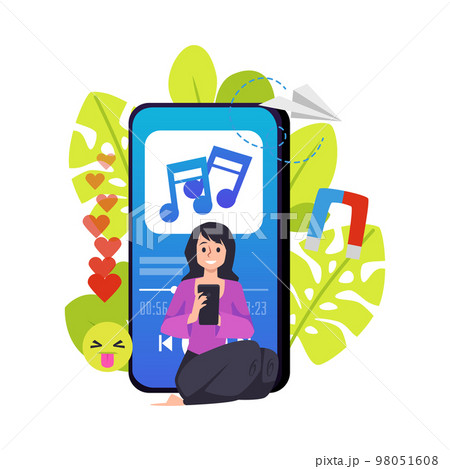 Happy woman sitting with mobile phone flat style, vector illustration Happy woman sitting with mobile phone flat style, vector illustration 98051608