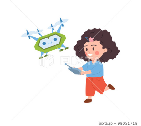 Happy smart girl playing with flying robot toy flat vector illustration isolated. 98051718