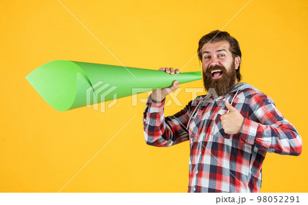 marketing and advertising. mature guy in checkered shirt with paper megaphone. stylish male use speaker. speak loud. bearded man with important announcement. grand opening marketing and advertising. mature guy in checkered shirt with paper megaphone. stylish male use speaker. speak loud. bearded man with important announcement. grand opening 98052291