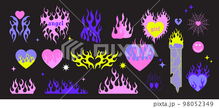 y2k gothic flame tattoo stickers. Retro psychedelic love art. Vector illustration of hand drawn elements, barbed wire, fire, butterfly, heart. Aesthetic nostalgic 2000s goth girly icons. 98052349