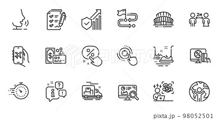 Outline set of Card, Seo analytics and Global business line icons for web application. Talk, information, delivery truck outline icon. Vector 98052501