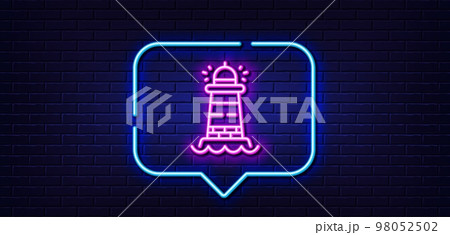 Neon light speech bubble. Lighthouse line icon. Searchlight tower sign. Beacon symbol. Neon light background. Lighthouse glow line. Brick wall banner. Vector 98052502