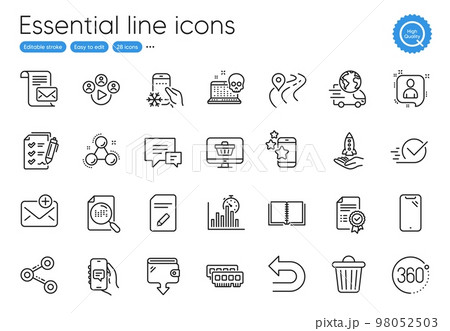 Report timer, Road and Book line icons. Collection of Undo, Refrigerator app, Video conference icons. Certificate, Web shop, Search file web elements. Delivery service, Edit document, Share. Vector Report timer, Road and Book line icons. Collection of Undo, Refrigerator app, Video conference icons. Certificate, Web shop, Search file web elements. Delivery service, Edit document, Share. Vector 98052503