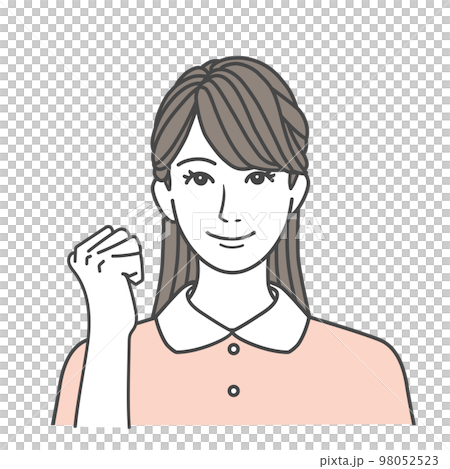 笑顔でガッツポーズをするロングヘアーの女性 ピンク 笑顔でガッツポーズをするロングヘアーの女性 ピンク 98052523