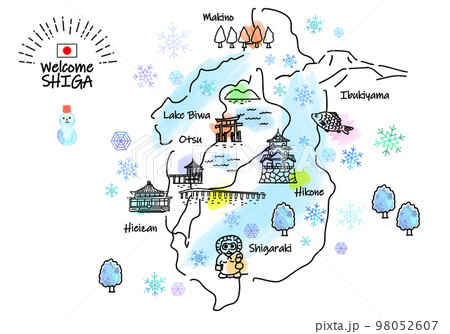 冬の滋賀県の観光地のシンプル線画イラストマップ 98052607