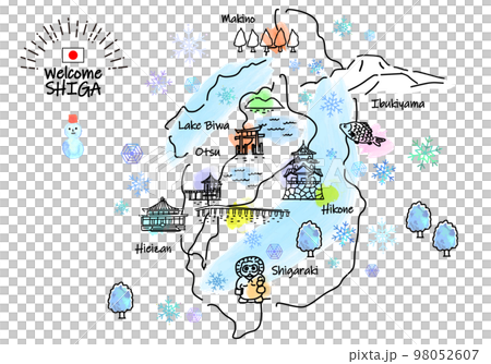 冬の滋賀県の観光地のシンプル線画イラストマップ 98052607