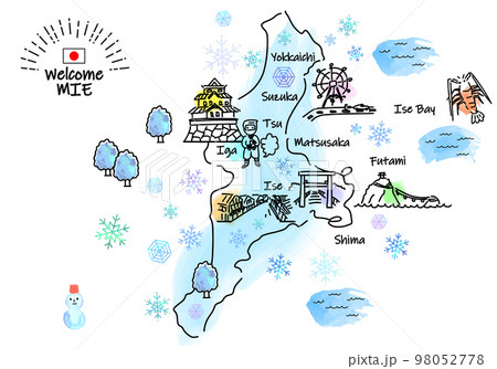 冬の三重県の観光地のシンプル線画イラストマップ 98052778