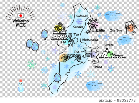 Simple line drawing illustration map of sightseeing spots in Mie Prefecture in winter Simple line drawing illustration map of sightseeing spots in Mie Prefecture in winter 98052778