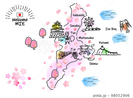 春の三重県の観光地のシンプル線画イラストマップ(ピンク） 98052906