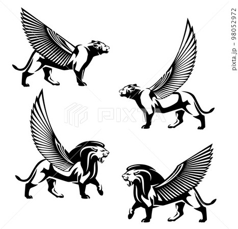 egyptian winged lioness and lion side view black and white vector outline set 98052972