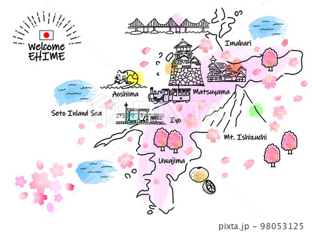 春の愛媛県の観光地のシンプル線画イラストマップ 春の愛媛県の観光地のシンプル線画イラストマップ 98053125