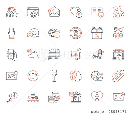 Business icons set. Included icon as Food app, Hotdog and Travel loan web elements. Wine glass, Fire energy, Donation icons. Add photo, Mineral oil, Discount offer web signs. Dating. Vector 98053171