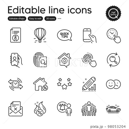 Set of Technology outline icons. Contains icons as Like, Air balloon and Time management elements. User notification, Hot loan, Quickstart guide web signs. Loan house, Stars, Search elements. Vector 98053204