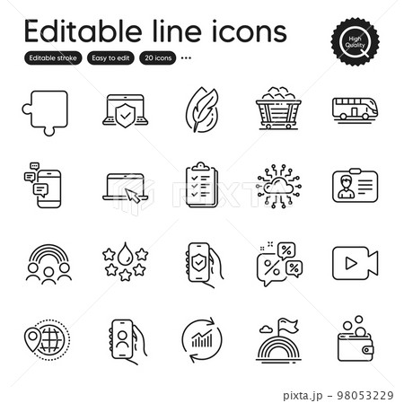 Set of Business outline icons. Contains icons as Update data, Video camera and Communication elements. Inclusion, Wallet money, Checklist web signs. Identification card, Coal trolley. Vector 98053229